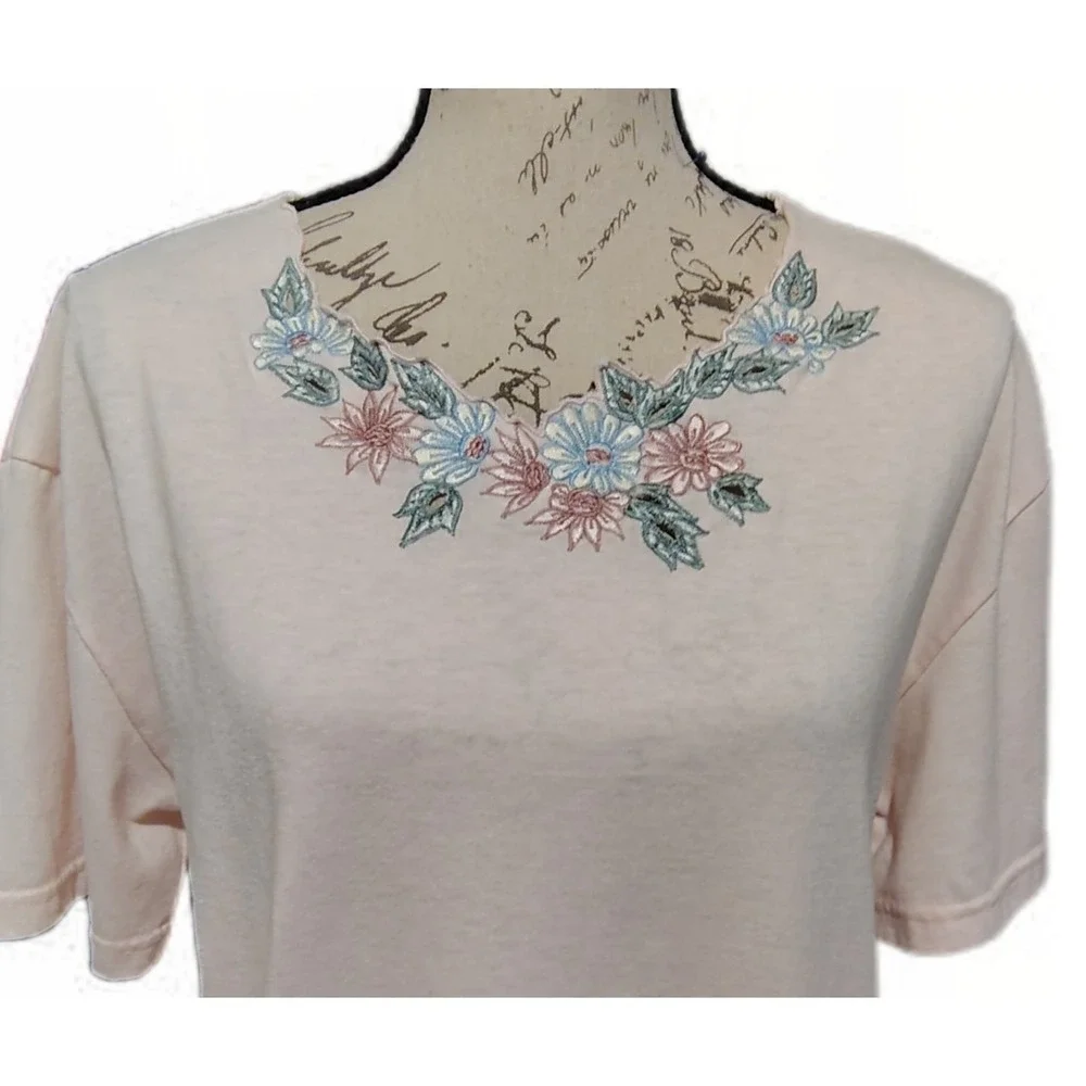 Vtg Shenanigans Womens Floral Embroidered Pink T Shirt Top XL 90s Butter Mom - Picture 4 of 5